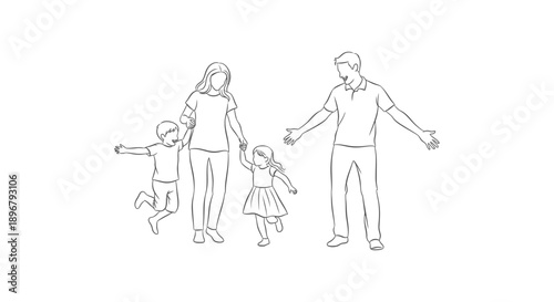 happy family of parents and two joyful children walking and playing together depicting love unity and parental bonding in clean line art.