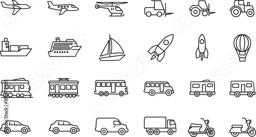 Black and White Transportation Icons Featuring Air, Sea, Land, and Space Vehicles for Travel, Delivery, and Public Transit