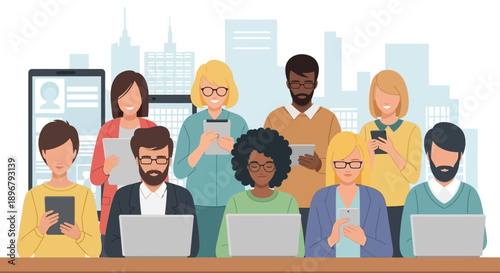 diverse professionals working on devices in a modern urban office illustrating modern teamwork and global connectivity.