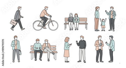 people performing daily activities walking cycling sitting talking and using phones depicting modern urban life and social interaction.