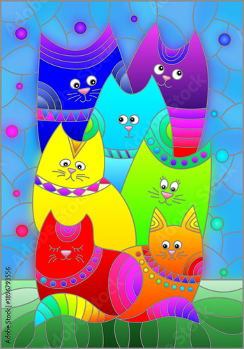 Illustration in the style of a stained glass window with bright cats on the background of the night sky with the moon and stars