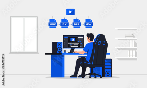 A person edits videos on a computer with multiple file format options