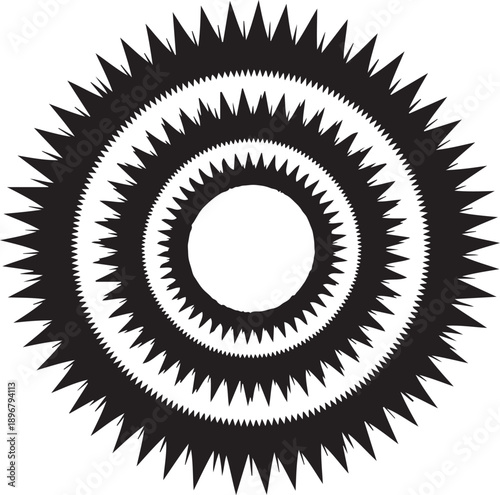 Black abstract concentric spiky circular shapes on white background