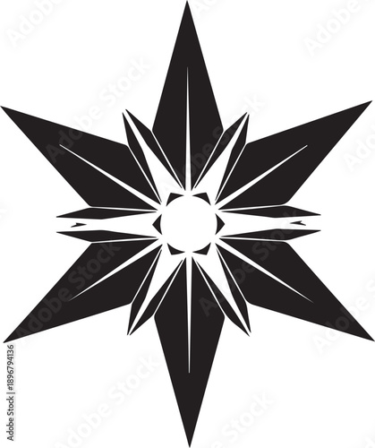 Black abstract starburst geometric shape with sharp edges and a central circular opening