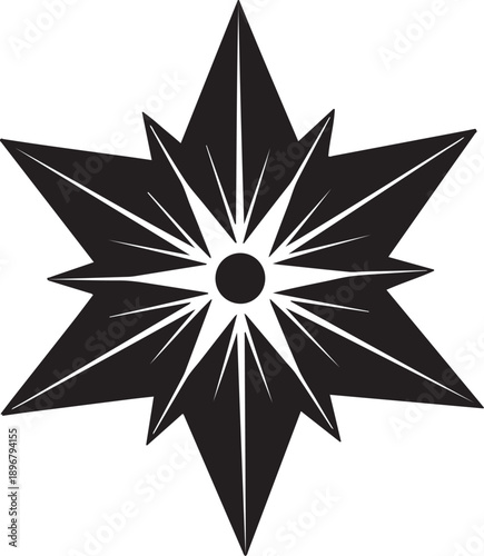 Black abstract starburst geometric shape with sharp points and central circle