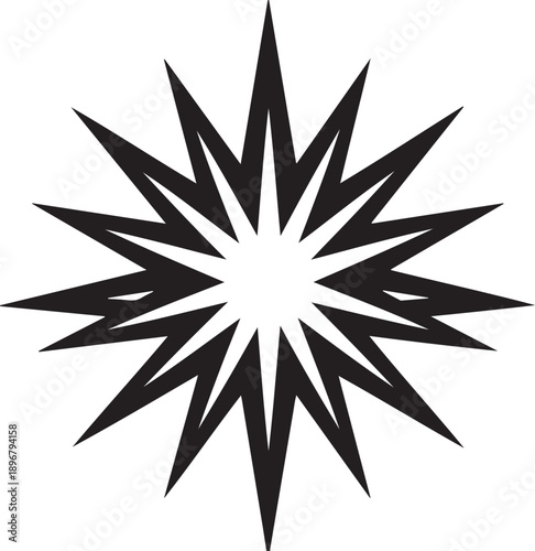 Black abstract starburst geometric shape with sharp pointed rays on white background