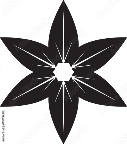 Black six petal flower shape with white radiating lines from center star