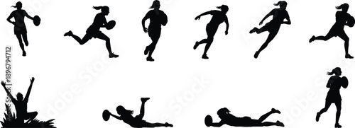 Dynamic black silhouette illustration of female rugby athlete in multiple action poses, running, diving, celebrating, and holding ball, showcasing strength, energy, and sports movement