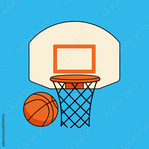 Colorful illustration of a basketball hoop with a ball on a bright blue background