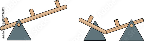 Educational illustration of seesaws with cylindrical weights demonstrating balance, lever mechanics, showcasing physics concepts of force distribution and equilibrium in scientific vector design