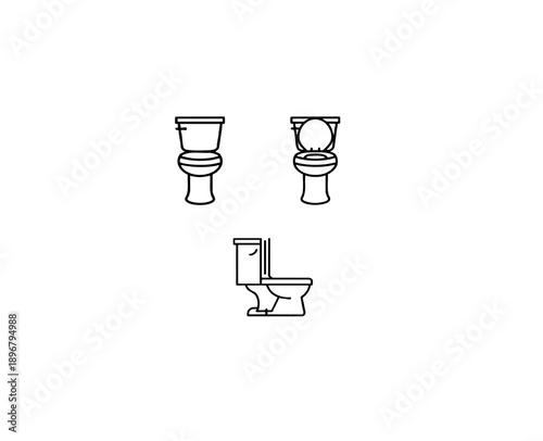 Toilet line art icons set with ceramic commode and bathroom plumbing fixture outlines in black and white