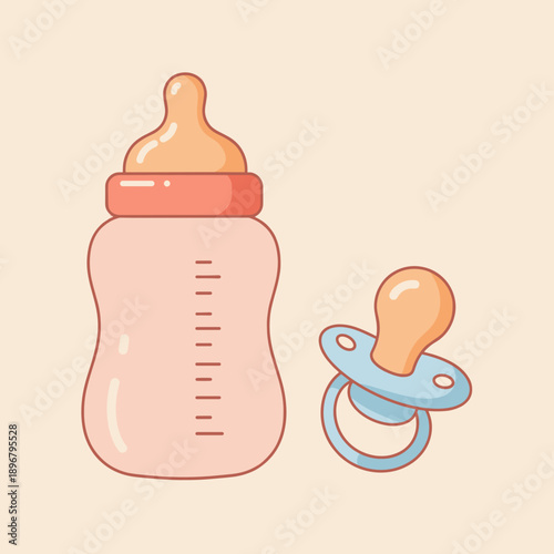 Cute baby bottle and pacifier illustration on a soft background for parenting themes