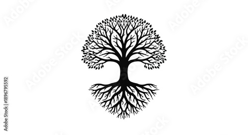 Symbolic tree of life with intricate branches and roots on a clean white background