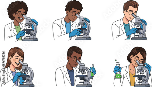 Diverse Group of Young Scientists and Laboratory Researchers Using Microscopes and Beakers for Clinical Study and Scientific Education Illustration Vector