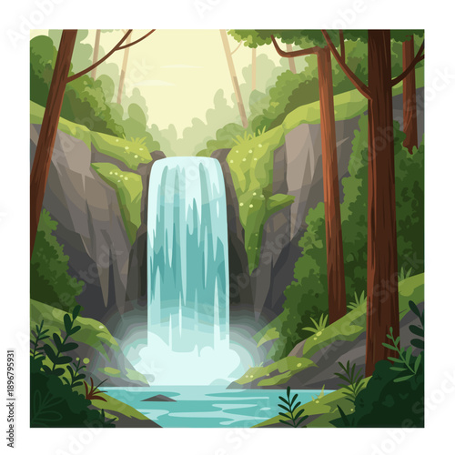 Serene waterfall cascading through lush green forest with gentle sunlight filtering