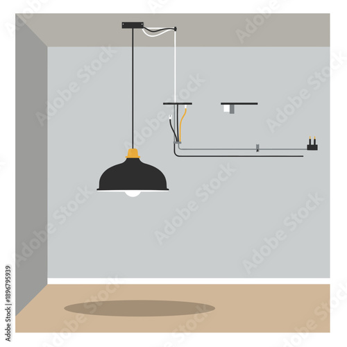 Modern pendant light installation in a minimalist room with exposed wiring