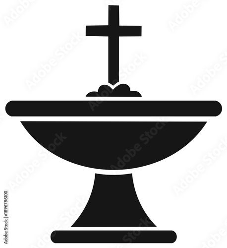 Christian baptismal font silhouette icon with a cross for religious sacrament and ceremony