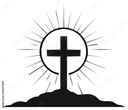 Christian Cross Silhouette atop a Hill with Light Rays