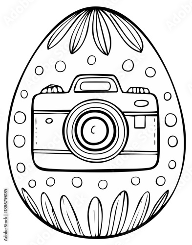 Easter Egg Camera Decoration, Photo Equipment Doodle Outline for Coloring Book, Spring Holidays