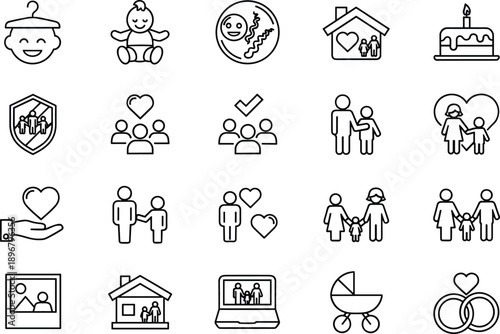 Compassionate Family and Life Stage Line Icons Set Featuring Newborn Care, Happy Relationships, Household Safety, Marriage, and Generational Support Symbols.