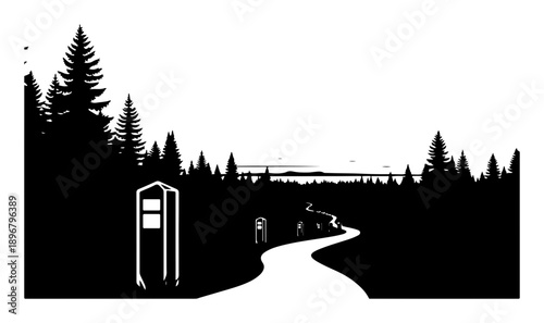 Scenic Forest Pathway with Bridge and Parking Sign