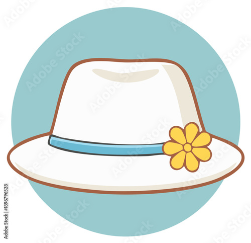 White wide brim sun hat adorned with a blue ribbon and yellow flower accent