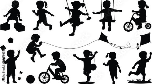 Silhouettes of children engaged in playful activities including running, swinging, kite flying, and jumping rope, symbolizing joy, energy, and childhood recreation for creative illustration design