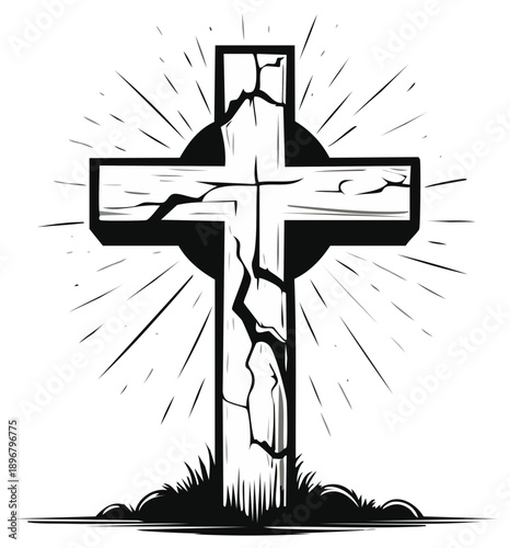 Cracked Celtic Cross Symbol with Sunburst and Grass in Black and White