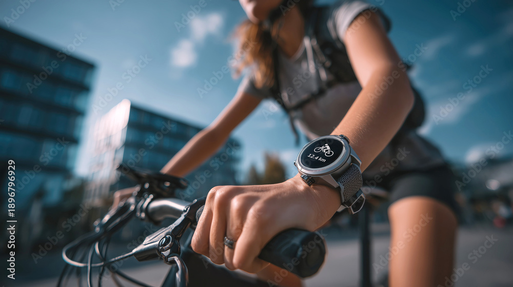 Fototapeta premium Focused female cyclist checking fitness tracker wrist watch riding bike in city street with determination healthy lifestyle training workout