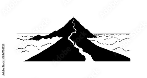 Volcanic Eruption Silhouette with Cracked Mountain and Lava Flow