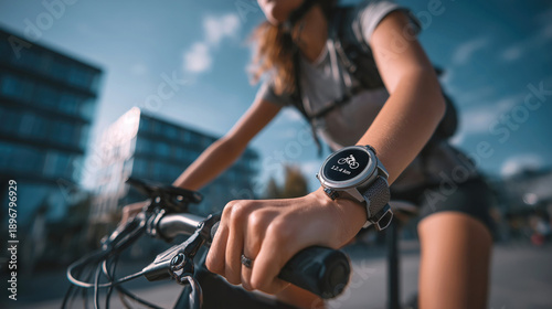 Focused female cyclist checking fitness tracker wrist watch riding bike in city street with determination healthy lifestyle training workout
