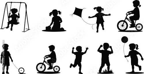 Silhouettes of children playing outdoors with swing, kite, bicycle, tricycle, balloon, and toys, capturing joyful movement, recreation, and childhood activities in creative vector illustration design