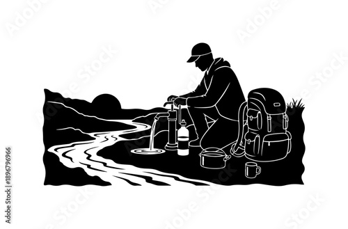 Hiker Resting by Mountain Stream with Backpack and Gear