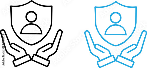 Vector illustration of protected person with shield and hands, symbolizing security and trust