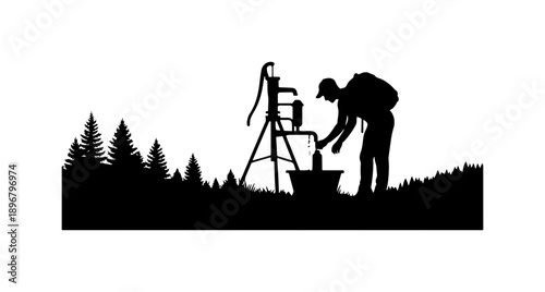 Silhouette of Person Using Well Pump in Forest Setting