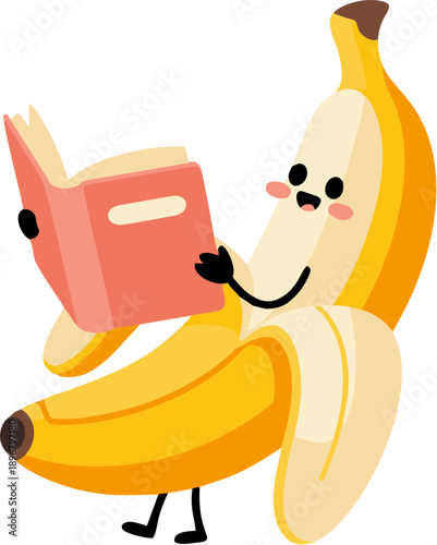 A cute banana character happily reading a red book. This kawaii cartoon illustration features a peeled banana with a smiling face, making it perfect for educational or fun designs