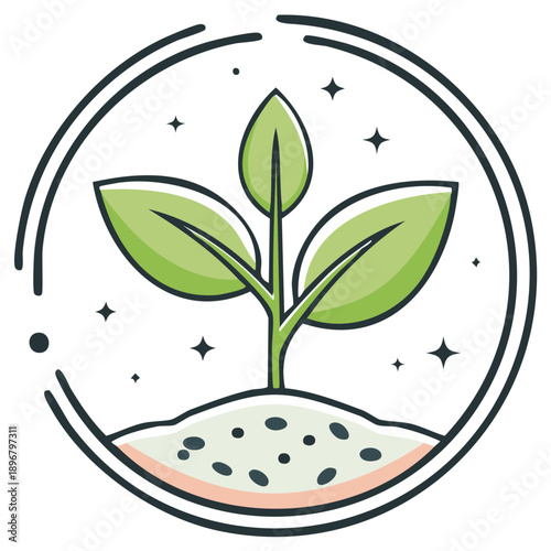 Green sprout with leaves growing from fertile soil in a circular badge with sparkling stars and outline effect
