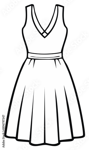 Simple line art illustration of a sleeveless flared dress with a V-neck and a cinched waist
