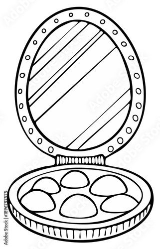 Hand drawn coloring page illustration of an open makeup compact with an eyeshadow palette