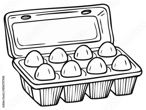 Open carton of six white eggs line art drawing for breakfast or cooking