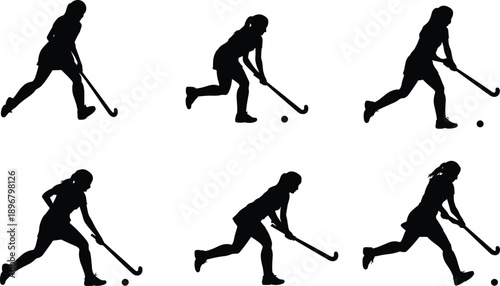 Silhouettes of field hockey players in dynamic action poses with sticks and ball, showcasing movement, athleticism, teamwork, and competitive energy for sports illustration and training design