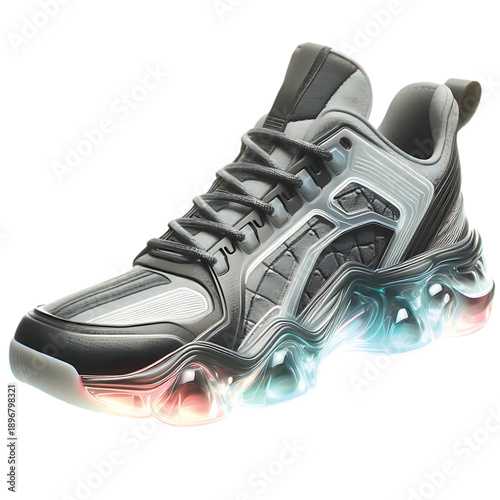 Modern athletic sneaker with translucent, colorful cushioned sole, perfect for active lifestyles.