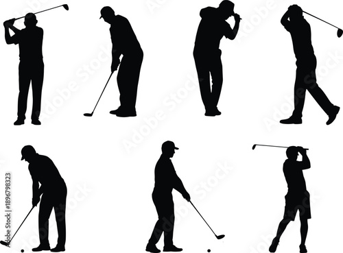 Silhouettes of golfers in dynamic swing poses with clubs and balls, showcasing preparation, mid-swing, and follow-through techniques for professional golf illustration and sports concept design