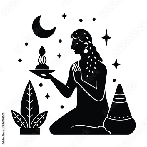 Shiva Lingam Worship Silhouette Vector 