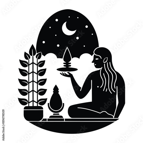 Shiva Lingam Worship Silhouette Vector 