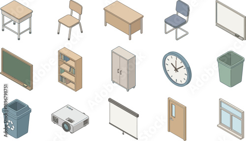Isometric set of classroom furniture and equipment icons including desks, chairs, whiteboard, chalkboard, bookshelf, projector, and clock