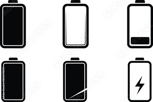 Battery icon set showing full, empty, low, partial charge, and lightning bolt charging status in black silhouette vector style
