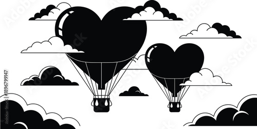 Heart-shaped hot air balloons floating in sky with clouds, romantic black silhouette vector for love, travel, and adventure themes