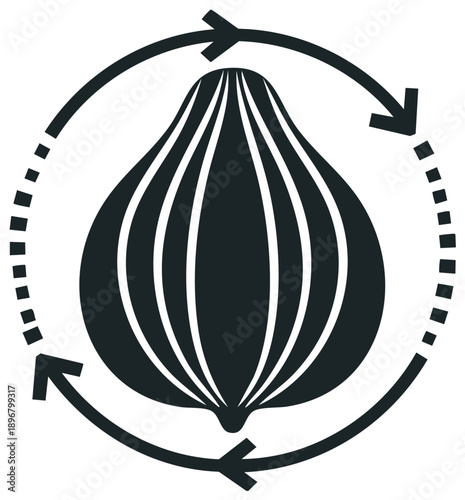 Abstract fig fruit emblem with rotation, fresh fruit concept for organic product label or package, rounded arrow illustration loop