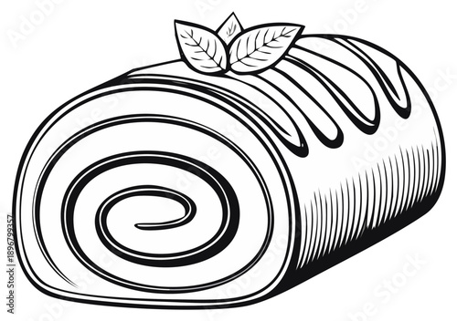 Hand Drawn Delicious Swiss Roll Cake with Mint Leaves Illustration
